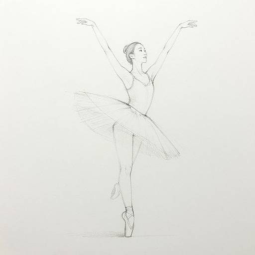 Black-and-white sketch of a ballerina in a tutu, standing en pointe with arms raised, delicate lines, minimal detail, white background