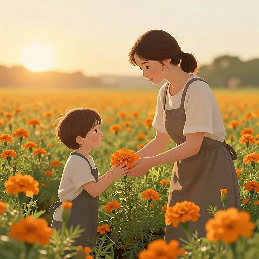 Photograph of a Japanese mother and son in a sunlit orange marigold field, mother gently handing son a marigold flower.