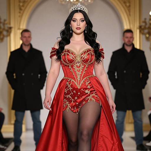 Photograph of a curvy woman with long black hair, wearing an ornate red gown with gold embroidery, black stockings, and a silver tiara