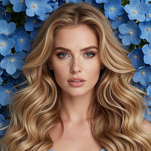 Photograph of a blonde woman with blue eyes, wavy hair, and fair skin, centered against a vibrant blue flower background.