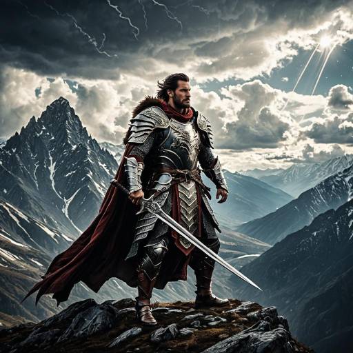 Warrior in Medieval Armor on Mountain Peak