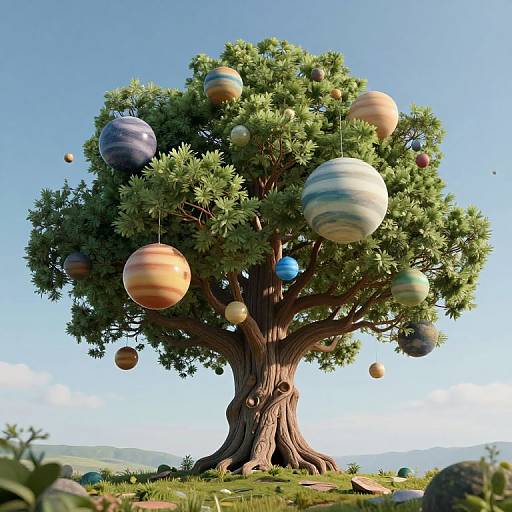 Digital art of a giant tree with colorful, planet-like ornaments hanging from its branches against a clear blue sky.