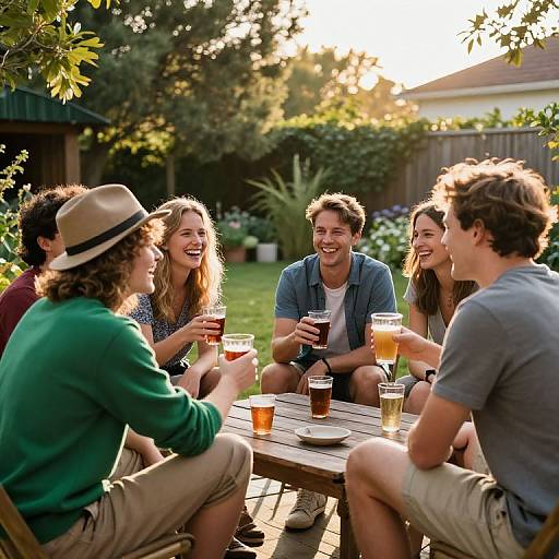 Photograph of six young adults laughing and chatting around a wooden table in a backyard, enjoying drinks during sunset.