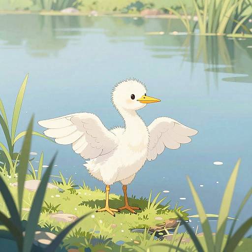 Peaceful Cartoon Heron Chick by Lakeshore