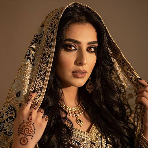 Photograph of a beautiful South Asian woman with long black hair, wearing an ornate gold and black veil, intricate henna on her hand, and