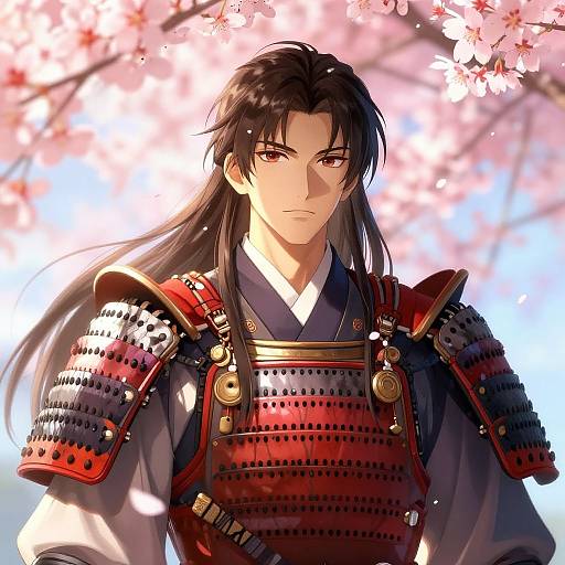 Digital anime-style artwork of a stern-looking samurai with long black hair, wearing red and black armor, standing under blooming cherry blossoms.
