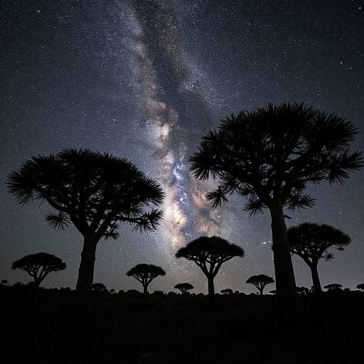 Photograph of a starry night sky with the Milky Way prominently visible, silhouetted against tall, spiky acacia trees.