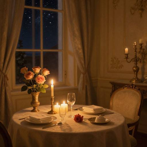 Warmly lit dining table with roses, candles, wine glass, and ornate chairs in elegant room, nighttime view through window. Romantic, classic ambiance