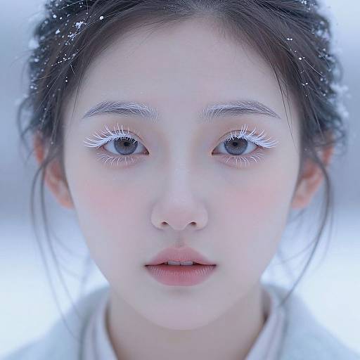 Close-up photograph of a young Asian woman with pale skin, large blue eyes, long white eyelashes, and dark hair adorned with small white particles,