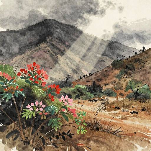 Watercolor painting of a sunlit mountain landscape with vibrant red and pink flowers in the foreground, green shrubs, and a cloudy sky.