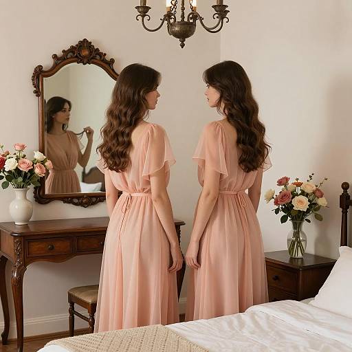 Two Women in Peach Dresses by Mirror