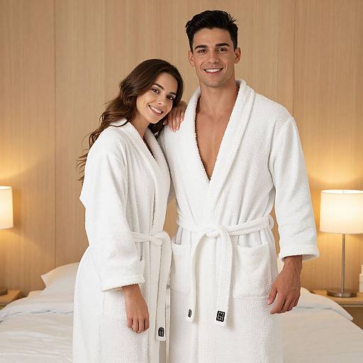 Photograph of a smiling couple in white bathrobes, standing in a warmly lit bedroom with wooden paneling and lamps.
