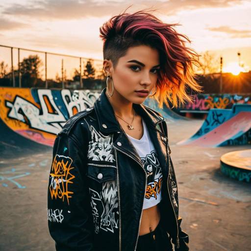Edgy Woman with Wolf Cut Hairstyle in Skatepark Edgy Woman with Wolf Cut Hairstyle in Skatepark