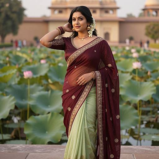 Photograph of an Indian woman in a maroon and green saree with gold embroidery, standing by a lotus pond, wearing white flowers in her