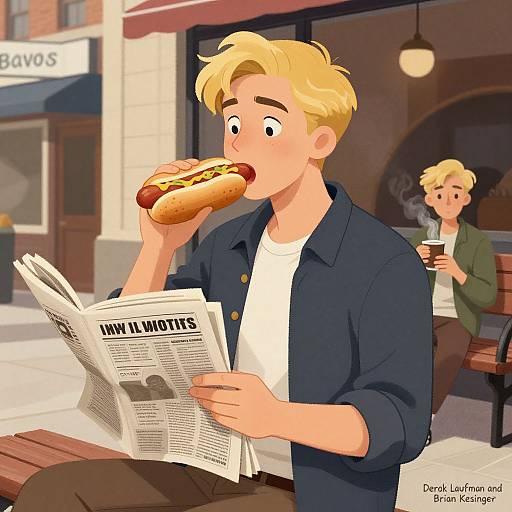 Digital cartoon of a blonde man in a navy shirt eating a hot dog, reading 