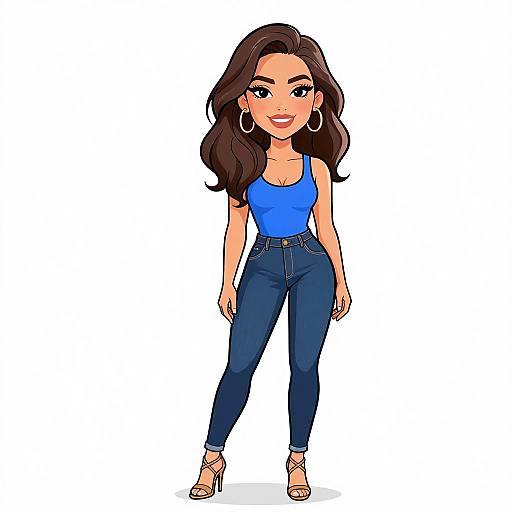 Digital cartoon of a smiling woman with long brown hair, wearing a blue tank top, high-waisted blue jeans, and beige sandals. She has