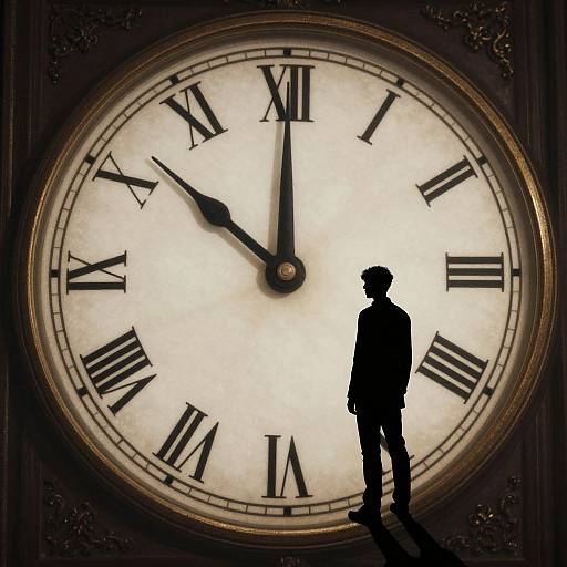 Silhouetted figure of a person standing in front of a large, antique Roman numeral clock with black hands, contrasting dark and light. Photographic