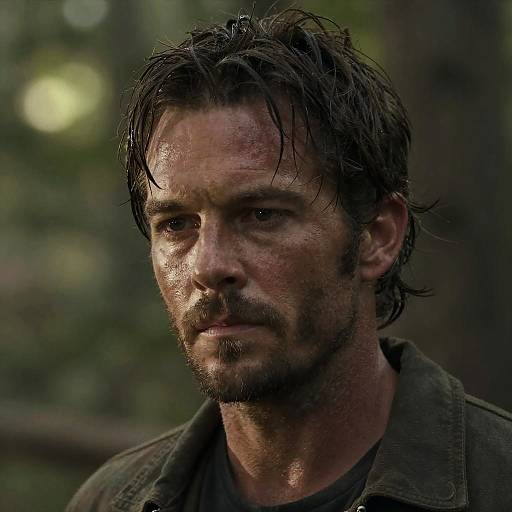 Photograph of a rugged, dirty-faced man with wet, disheveled brown hair and beard, wearing a dark jacket, looking serious, blurred forest