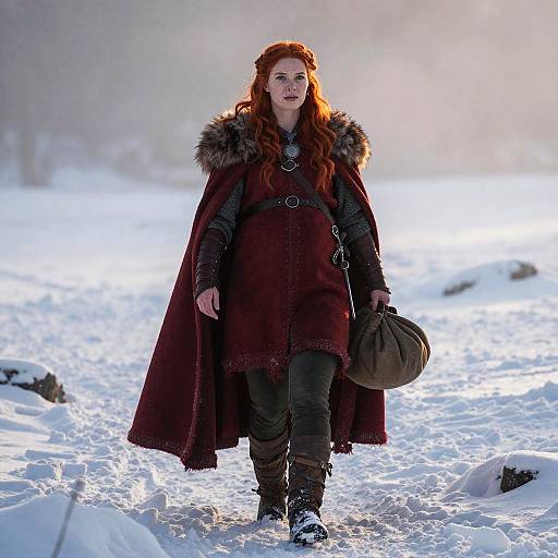 Photograph of a red-haired woman with fair skin, wearing a dark burgundy fur-caped coat, black armored dress, and holding a brown bag