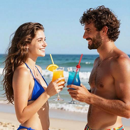 Sunny Beach Couple with Drinks