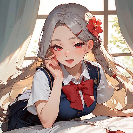 Anime-style digital drawing of a cute, blush-faced, silver-haired girl with red flower in braid, wearing a school uniform, leaning on a bed