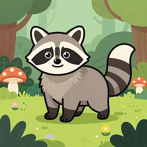 Cute cartoon raccoon with black and white mask stands in vibrant green forest, surrounded by red mushrooms and colorful flowers. Digital art.