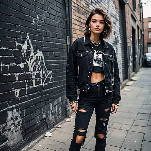 Edgy Woman in Rock Style Outfit Standing in Alley