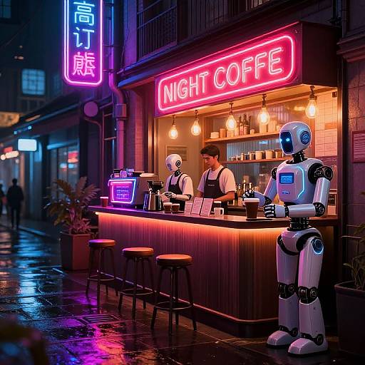 Neon-lit night café with a human barista and a robot barista serving drinks under a glowing 