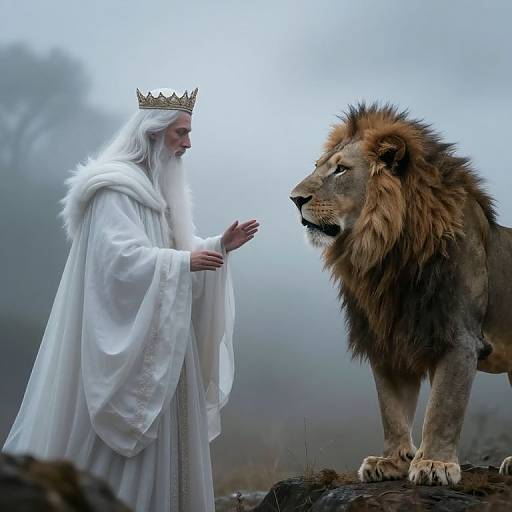 Photograph of a white-bearded king in a white fur robe and crown, standing beside a majestic, roaring lion in a misty, foggy