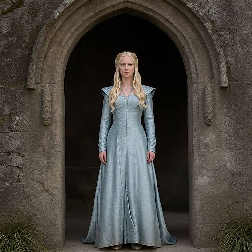 Photograph of a blonde woman in a long, light blue, medieval-style gown standing in a dark stone archway doorway.
