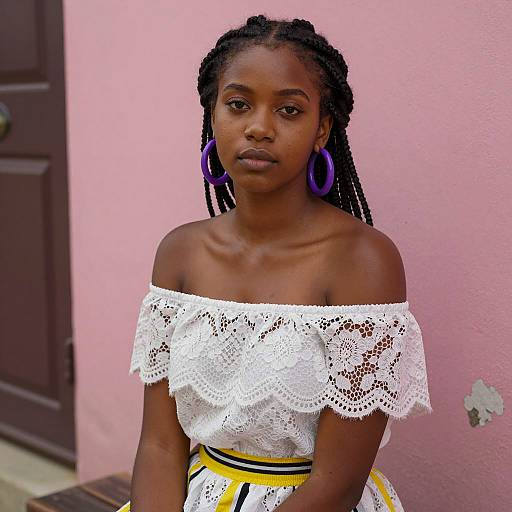 Young Woman in Lace Dress by Wall