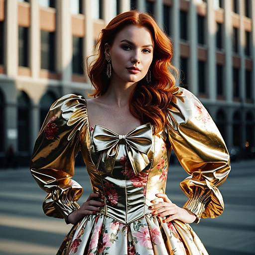 Elegant Red-Haired Woman in Gold Floral Dress