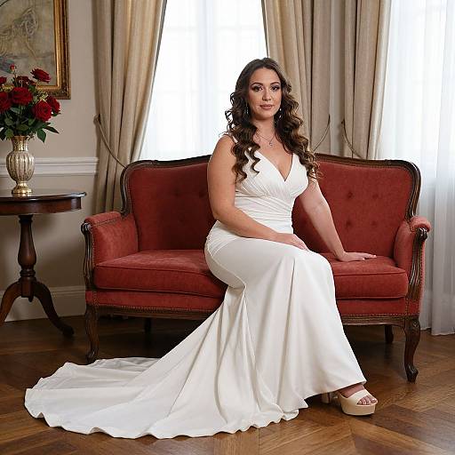 Photograph of a curvy, dark-haired woman in a white, sleeveless wedding dress, sitting on a red velvet sofa, wooden floor, beige