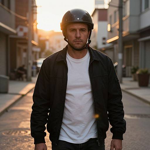 Confident Man in City Alley at Sunset
