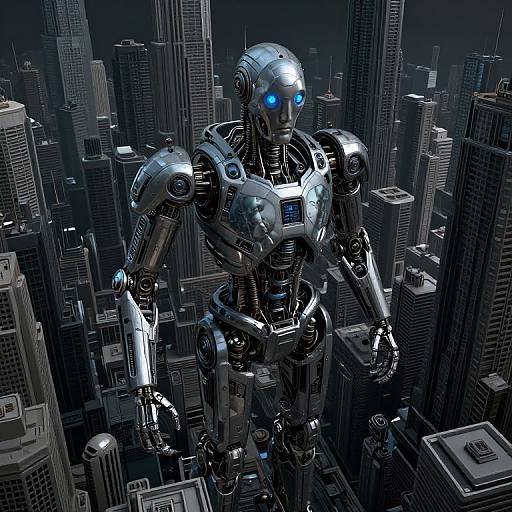 Digital artwork of a metallic, glowing blue-eyed robot standing amidst a dark, futuristic cityscape of towering skyscrapers at night.