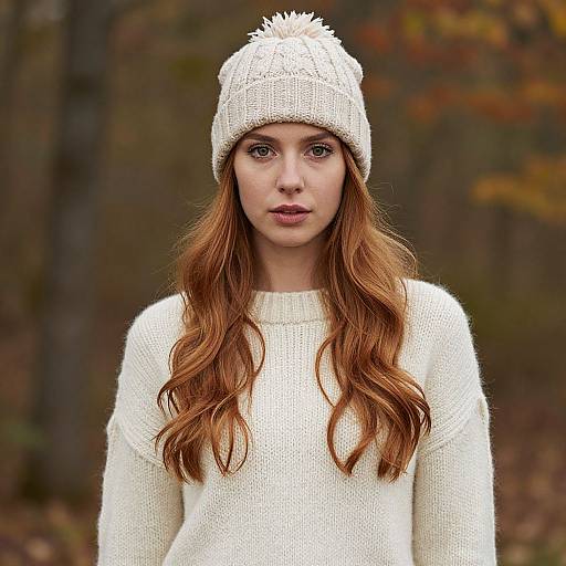Photograph of a young woman with long, wavy red hair wearing a white knit beanie and sweater, standing in a forest with autumn foliage.