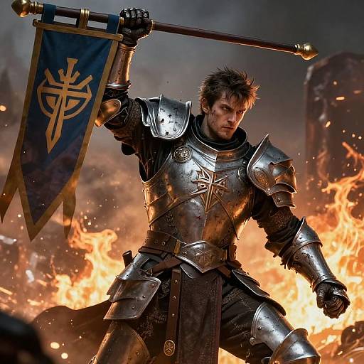 Photorealistic digital art of a muscular, bearded warrior in shiny silver armor, holding a blue banner with a gold emblem, standing amidst intense,