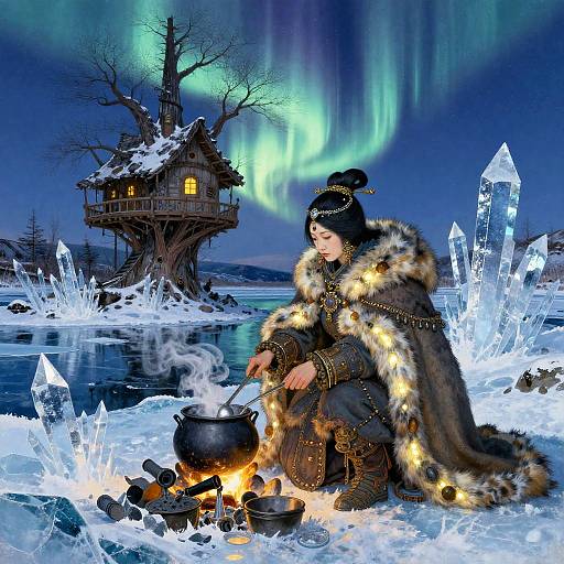 Biopunk Shaman Geisha at Frozen Fjord with Auroras