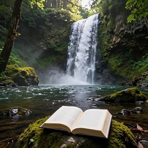 Photograph of an open book on mossy rock in front of a cascading waterfall, surrounded by lush green forest, sunlight filtering through trees.
