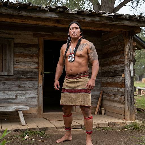 Photograph of a muscular, tattooed Native American man with long black hair, wearing a beaded necklace, traditional skirt, and red leg bands,