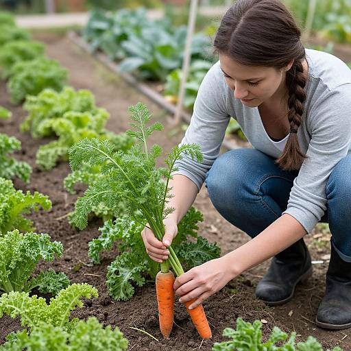 Woman Harvesting Carrots in Garden