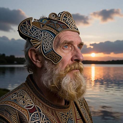 Photograph of an elderly white man with a long beard, wearing intricate, ornate Viking-style helmet and clothing, gazing at sunset over a calm