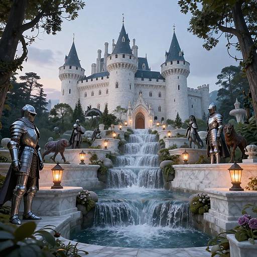 Photograph of a fairytale castle with a cascading waterfall, flanked by armored knights and statues of lions, under twilight sky.