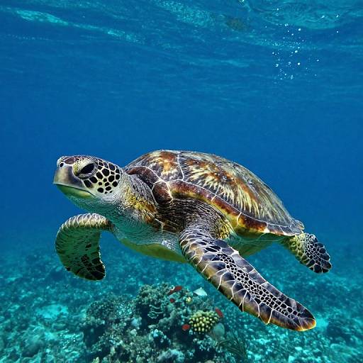 Photograph of a sea turtle gracefully swimming underwater, surrounded by vibrant blue water and a coral reef, with intricate patterns on its shell and flippers.