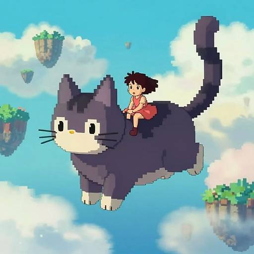 Pixel art of a young boy in a red shirt riding a large, black-and-white cat through a bright, cloud-filled sky with floating islands.