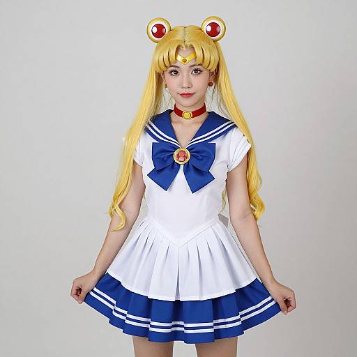 Photograph of a young Asian girl in a Sailor Moon cosplay, wearing a white and blue dress, red choker, and blonde hair with red and