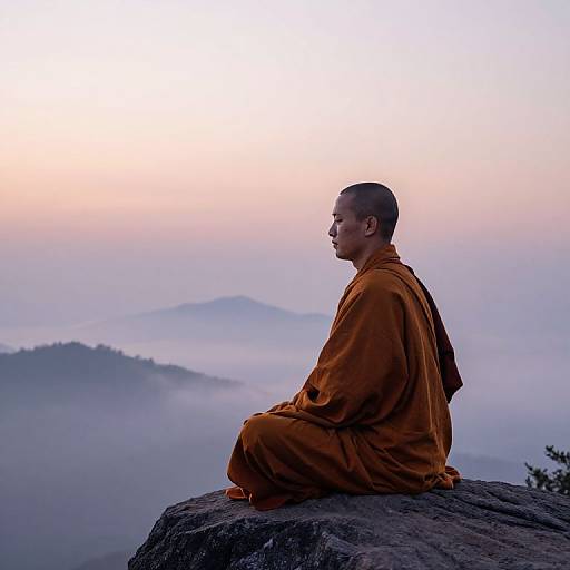 Photograph of a Buddhist monk in orange robes, meditating on a rocky peak at dawn, overlooking misty mountains and a pastel sky.