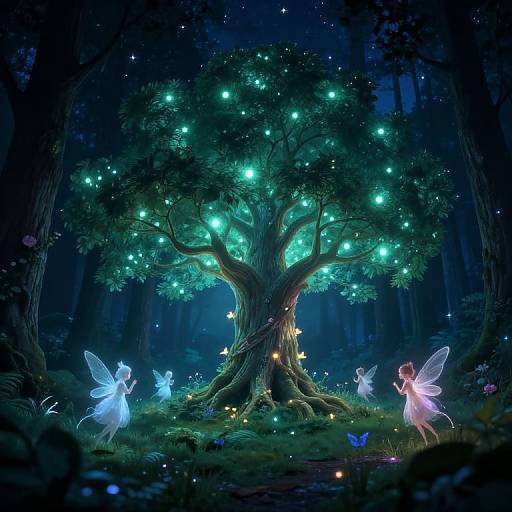 Digital artwork: Enchanted forest with glowing blue fairy lights on a large tree, surrounded by luminescent blue and pink fairies.