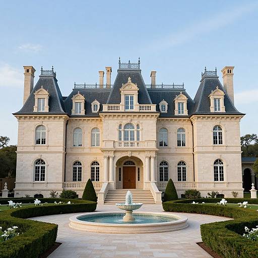 Photograph of a grand, beige, French chateau-style mansion with dark slate roofs, arched windows, central fountain, and manicured garden.