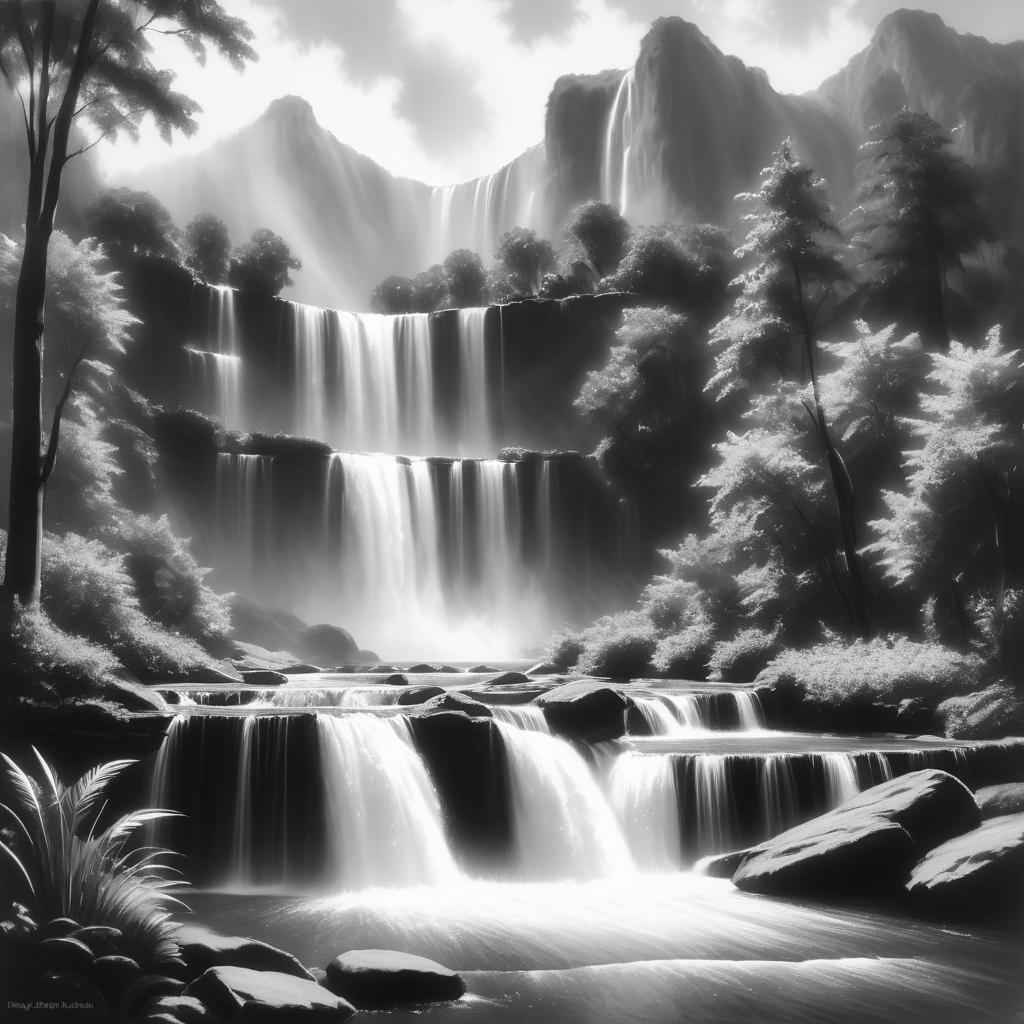 Majestic Waterfall in Charcoal Sketch